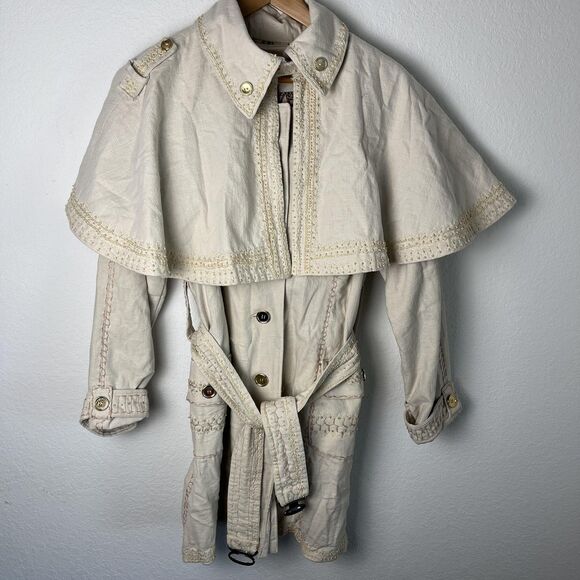 Embroidered Cape Vintage Trench Coat  Large Ivory Beige Belted Detachable Lined - Picture 1 of 14